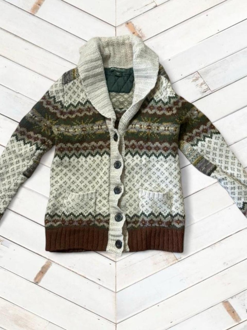 Women’s Shawl Collar Fair Isle Cardigan Jacket - Cream & Brown